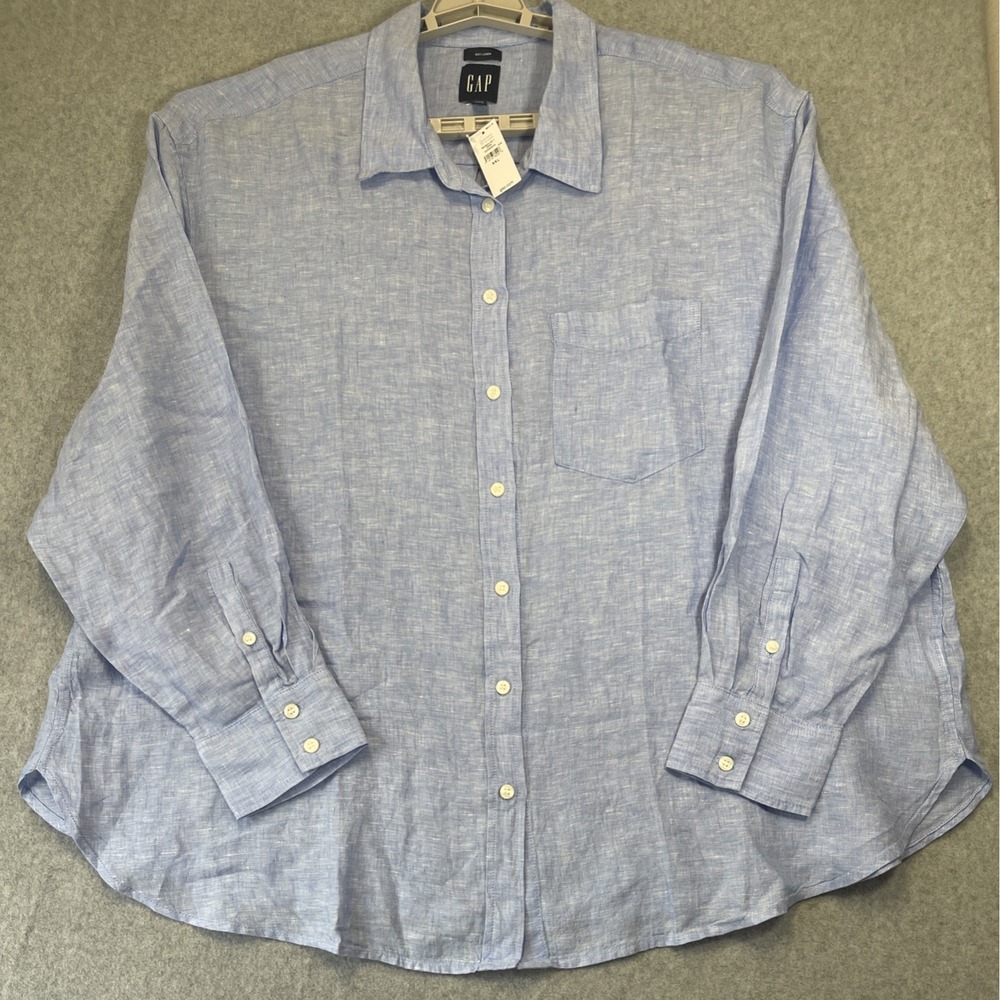 NWT - GAP Men's 100% Linen Classic Fit Long Sleeve Shirt, Blue Sz XXL